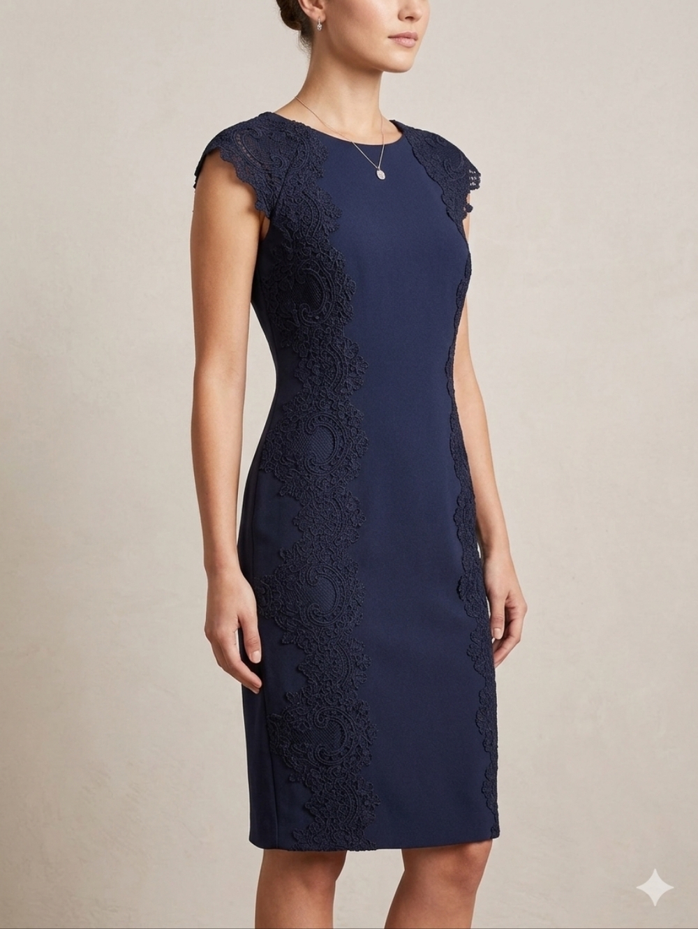 Maggy London Petite Lace Cap Sleeve‎ Sheath Dress In Navy Size 4P